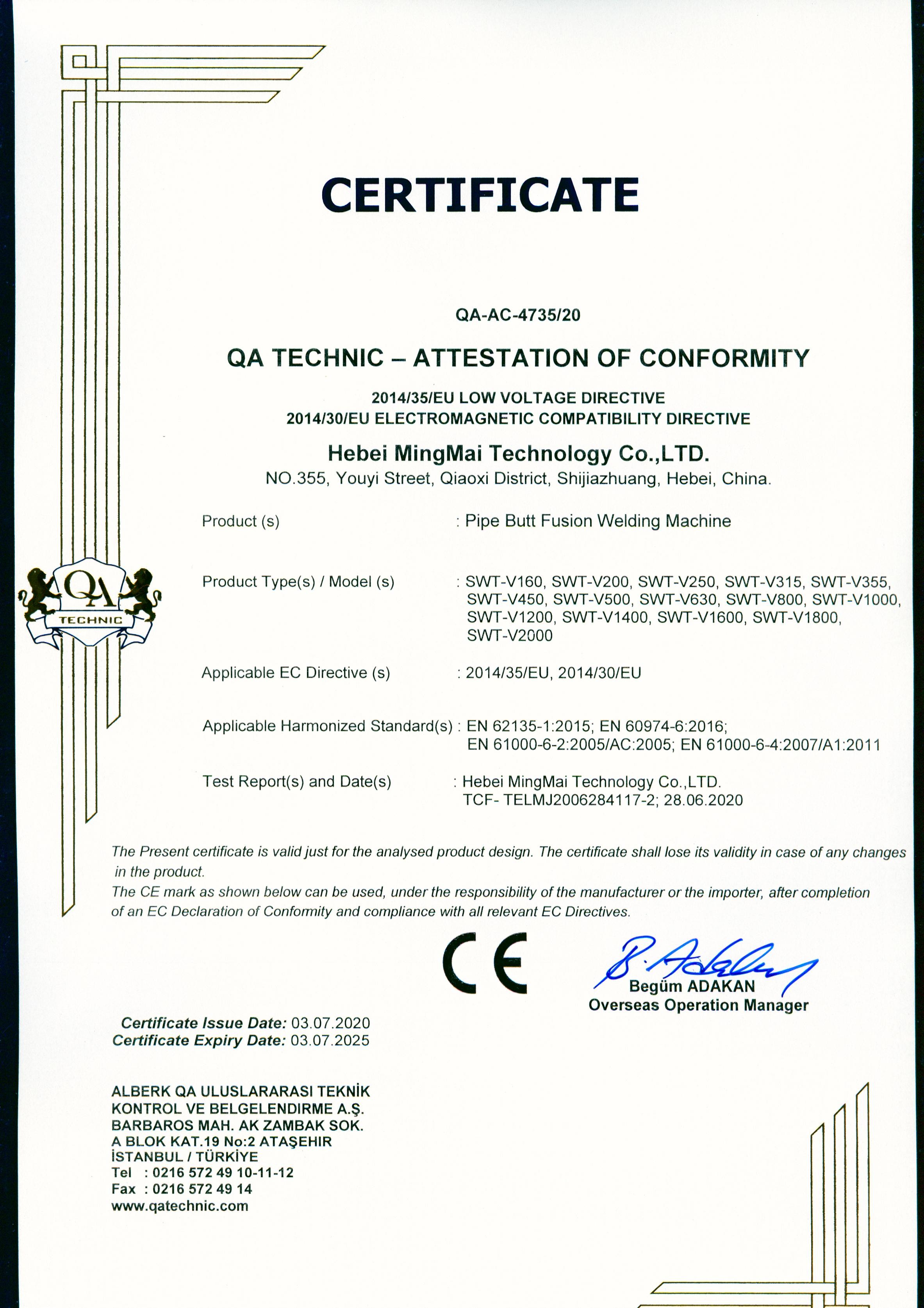 Porcelana Hebei Mingmai Technology Co.,Ltd Certificaciones
