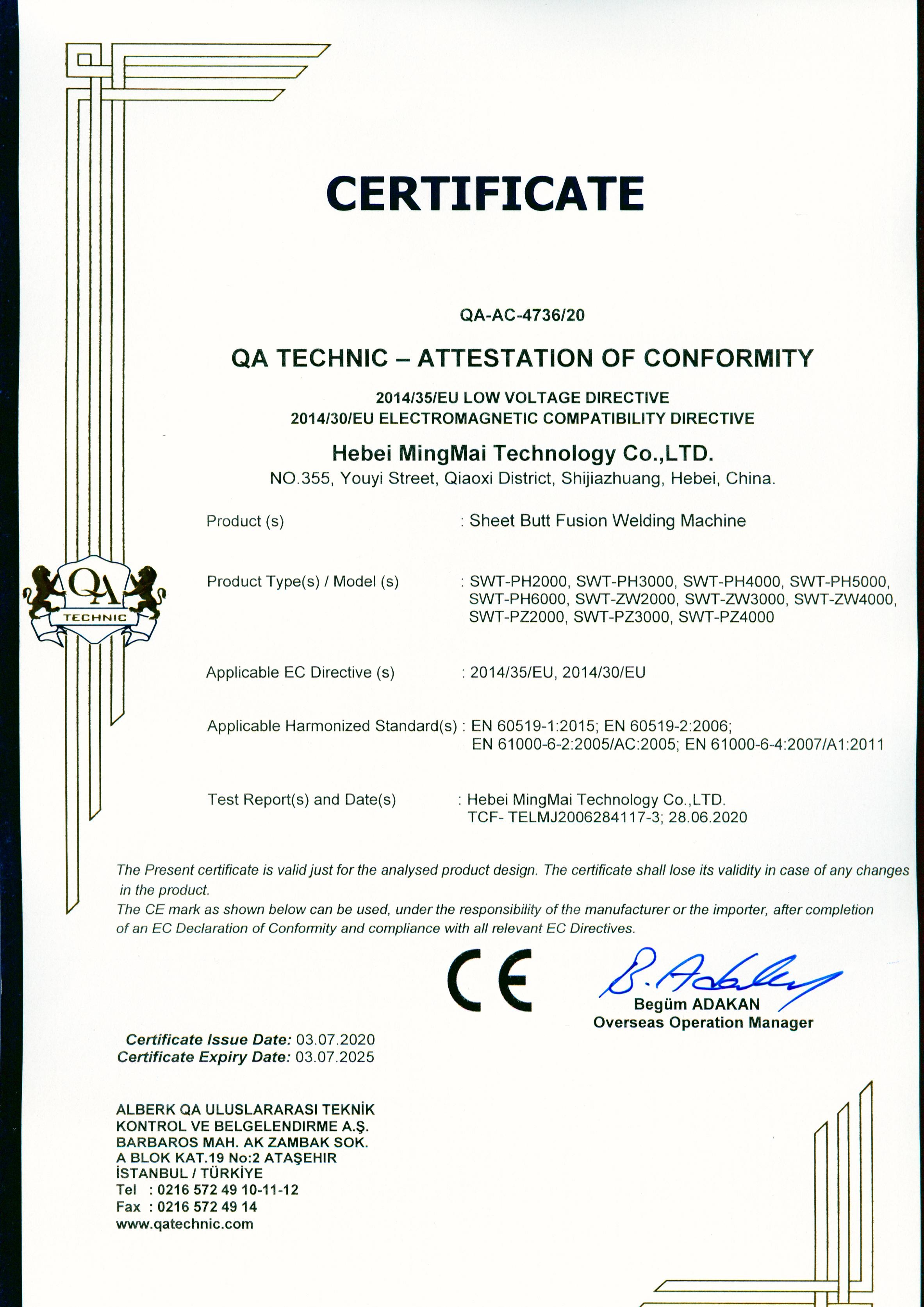 Porcelana Hebei Mingmai Technology Co.,Ltd Certificaciones